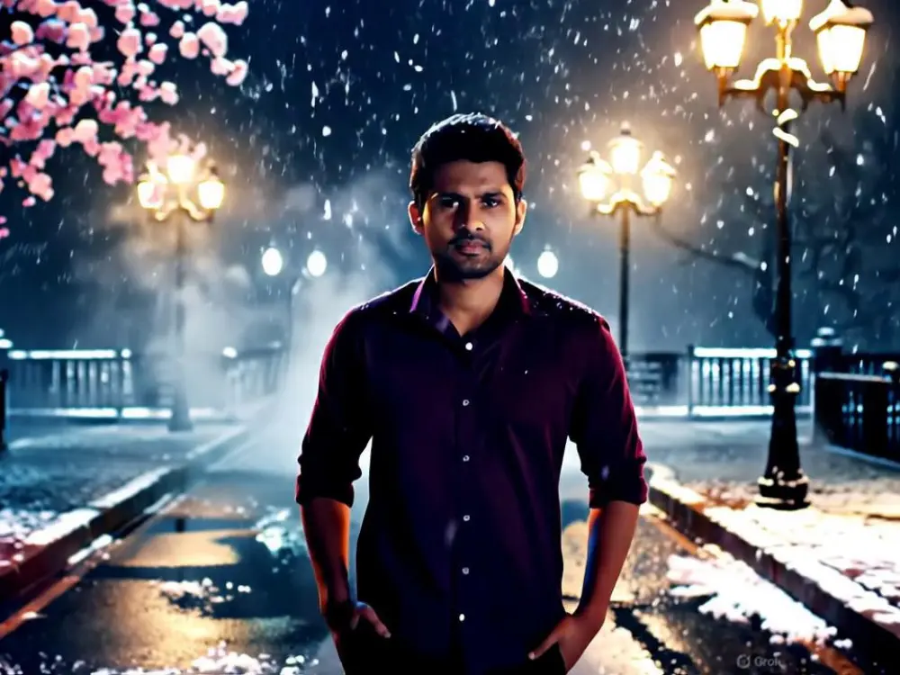 Digital Marketer -standing confidently on a rainy night street with cherry blossoms and streetlights