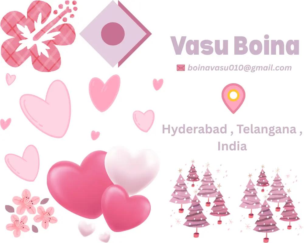 Contact Vasu Boina – digital contact card with hearts, flowers, and Hyderabad location